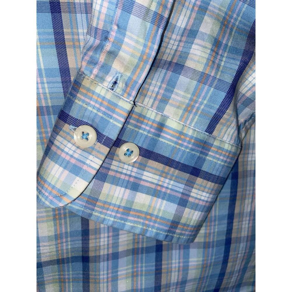 Peter Millar Dress Shirt Men XL Blue Orange Plaid Crown Soft Cotton Silk Button - Picture 4 of 11
